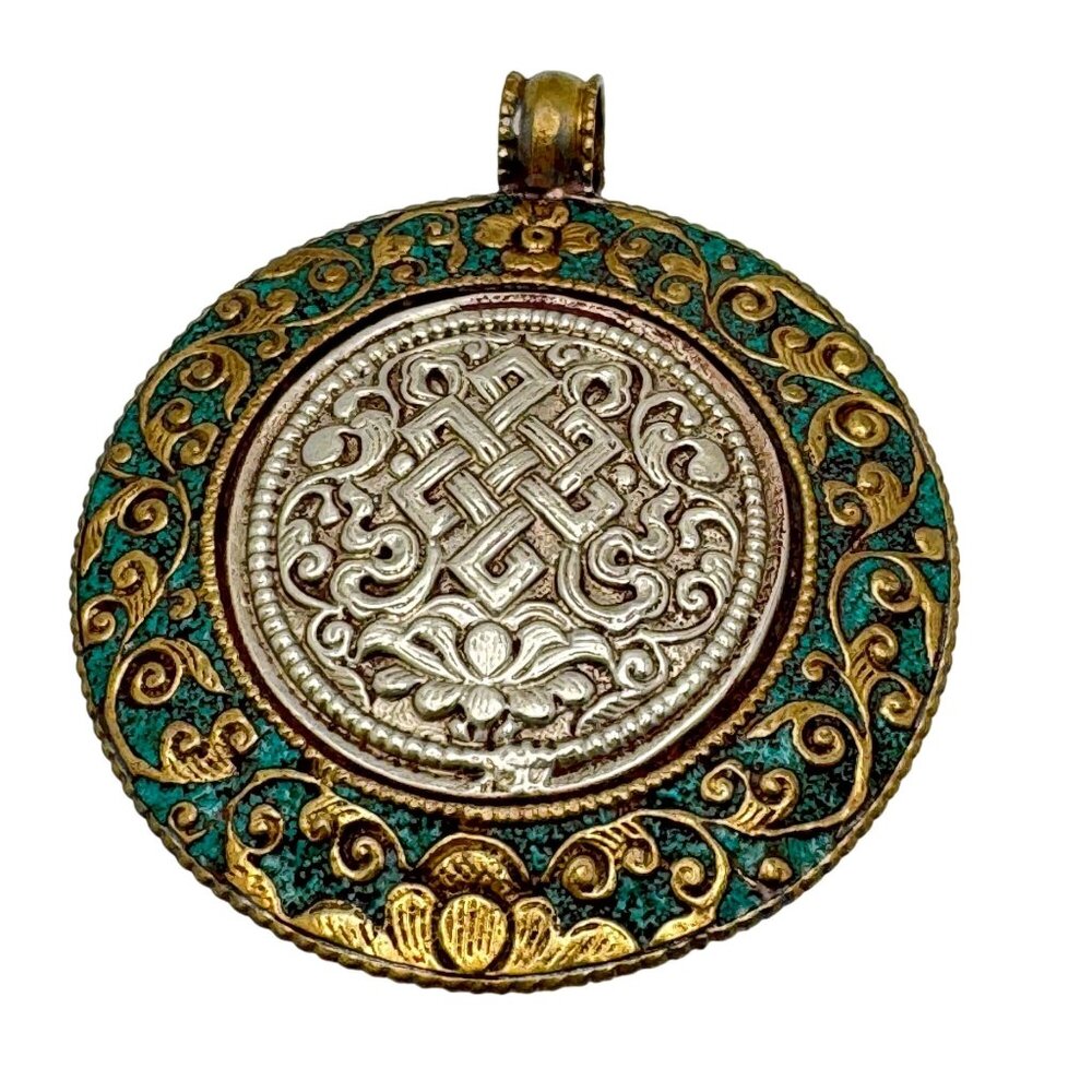 Vintage Tibetan Silver Gold Plated Pendant Intricate Design Turquoise Details